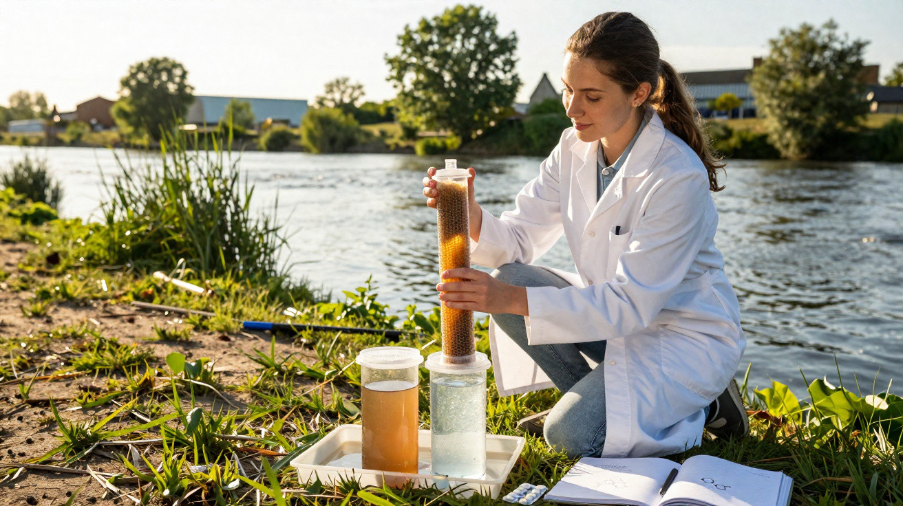 Cientista com bata branca analisa amostras de água junto a rio em ambiente natural durante o dia.