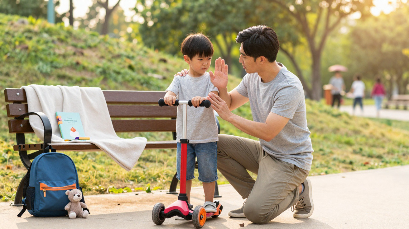 Pai ajoelhado a ensinar filho a usar trotinetes num parque, com mochila e banco ao fundo.