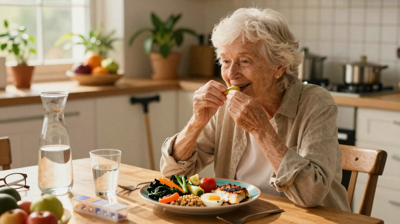 Idosa a saborear legumes numa refeição saudável sentada à mesa na cozinha luminosa de casa.