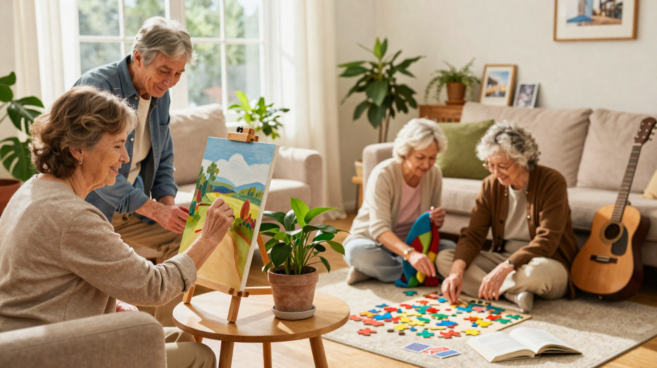Grupo de idosos em sala iluminada a pintar, fazer tricot e montar um puzzle no tapete.