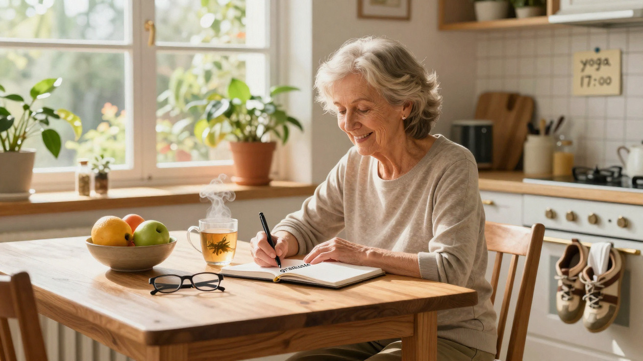 Mulher idosa sentada à mesa a escrever num caderno com a palavra "gratidão", chá quente e frutas à sua frente.