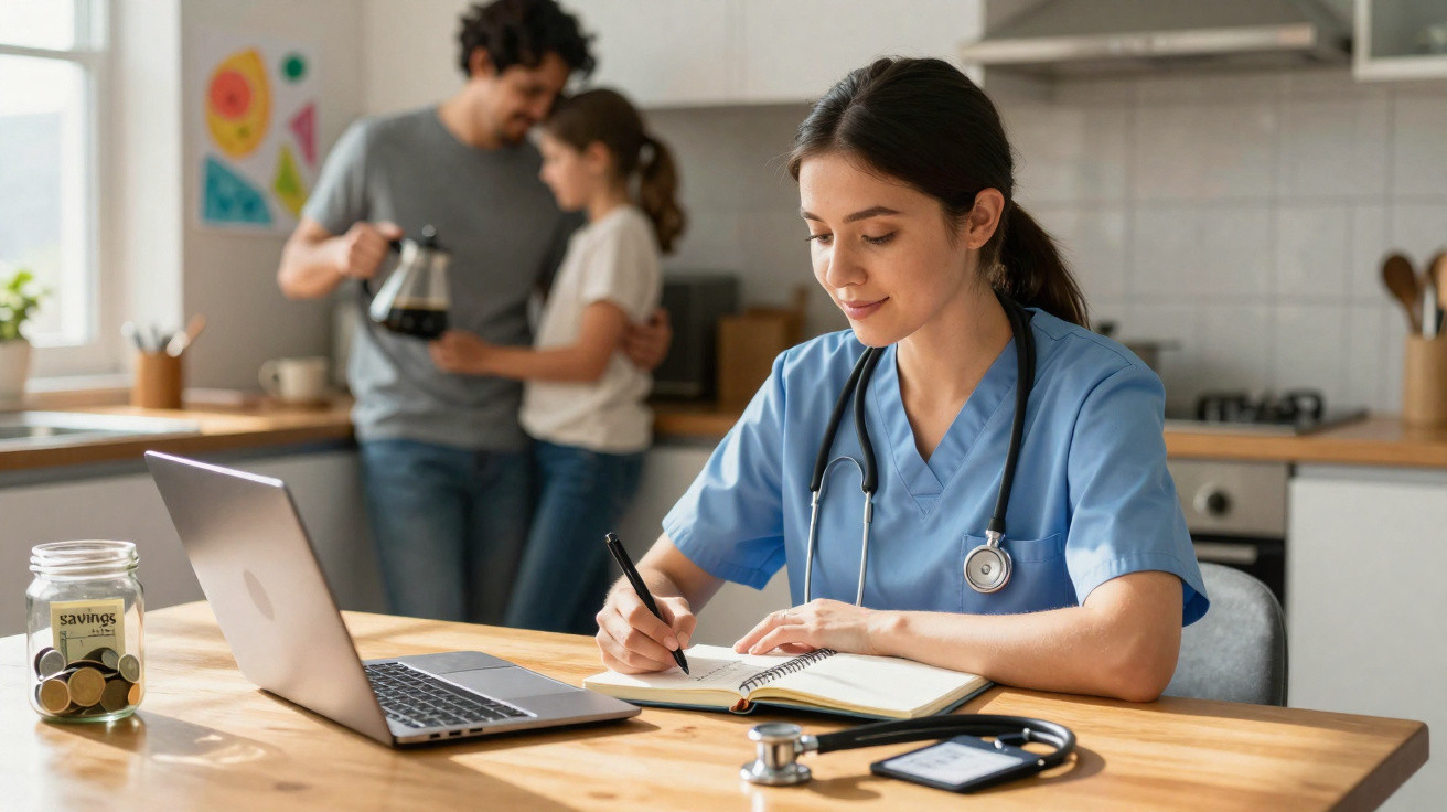 Médica em uniforme azul a escrever num caderno, com laptop, estetoscópio e família ao fundo na cozinha.