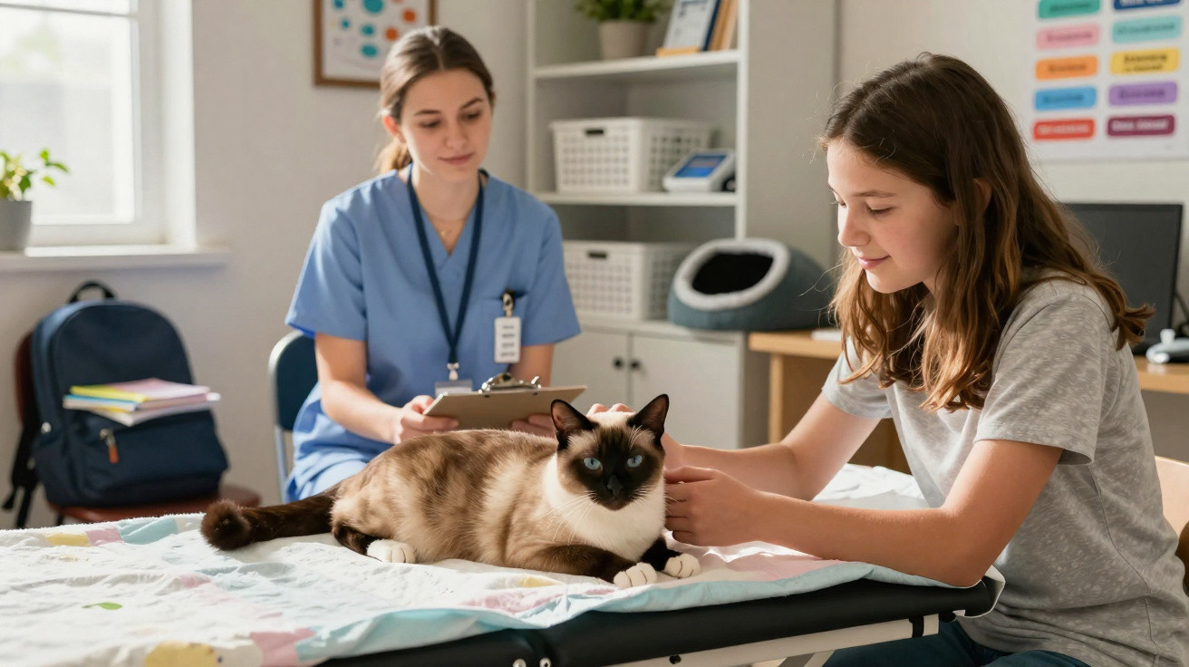 Veterinária a examinar um gato siamês deitado numa mesa de consulta coberta por uma manta colorida.