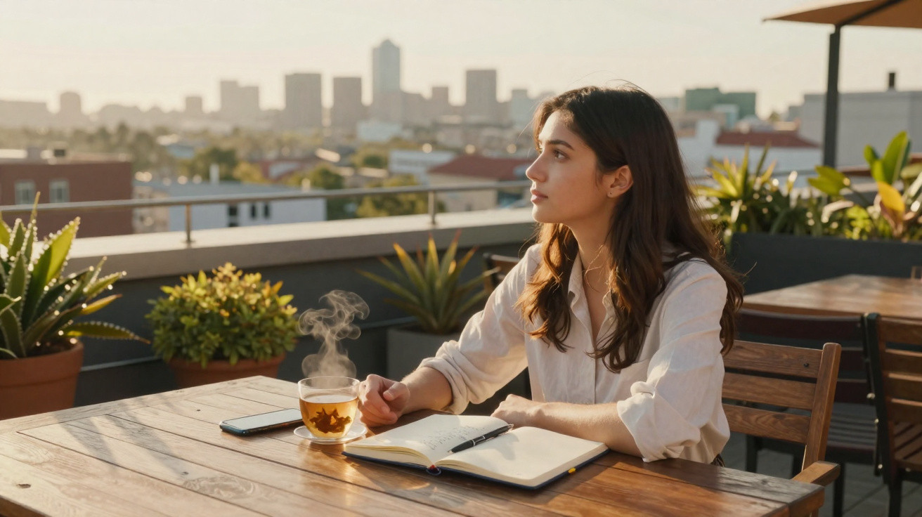 Jovem sentada num terraço com chá, caderno e caneta, olhando para o horizonte urbano ao pôr do sol.