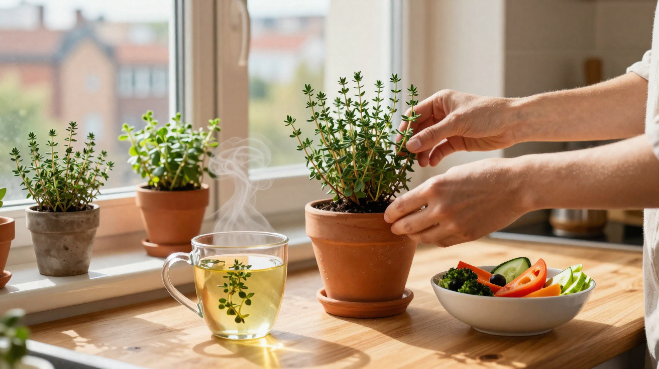 Mãos a apanharem ervas numa pequena horta na cozinha com chá quente e salada colorida na bancada.