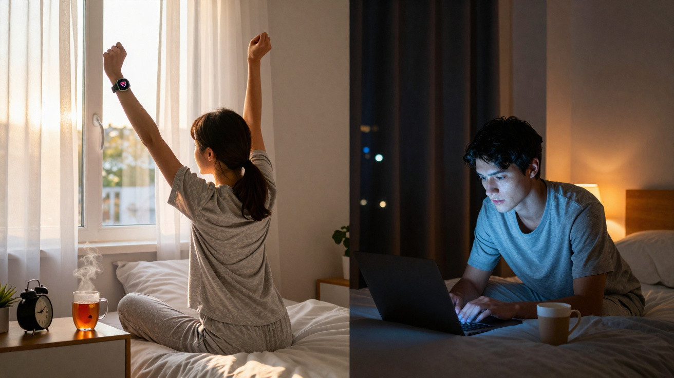 Mulher a acordar e espreguiçar-se junto à janela de manhã e homem a trabalhar no portátil na cama à noite.
