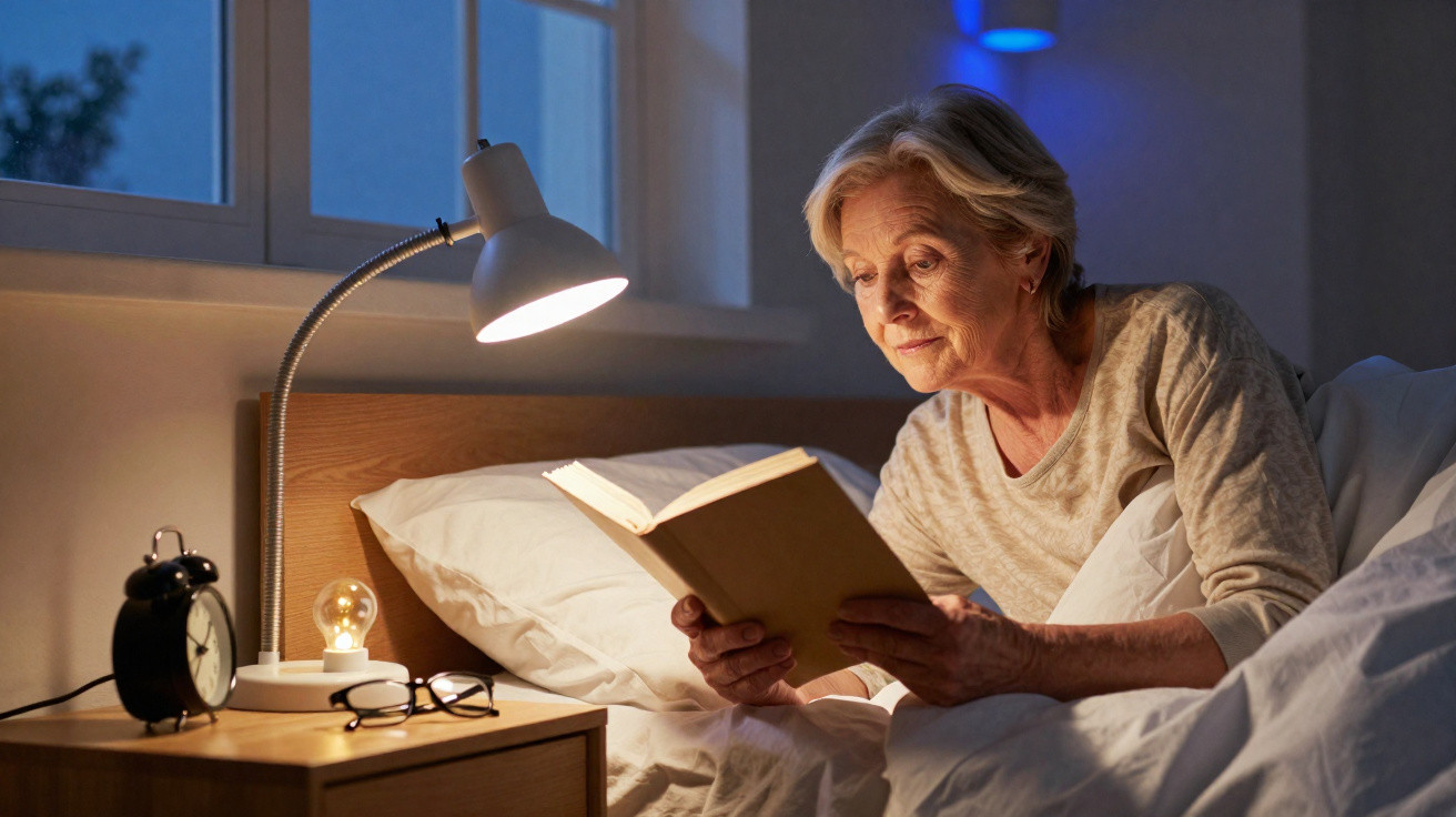 Mulher idosa a ler um livro na cama à noite, iluminada por candeeiro de mesa.