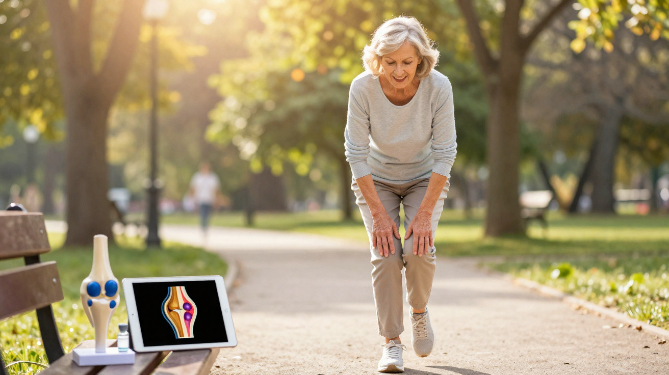 Mulher idosa segura o joelho com dor num parque, perto de modelo e imagem digital de articulação do joelho.
