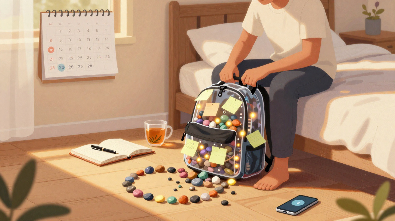 Pessoa sentada na cama com mochila cheia de bolas coloridas e notas adesivas, chá e telemóvel no chão.