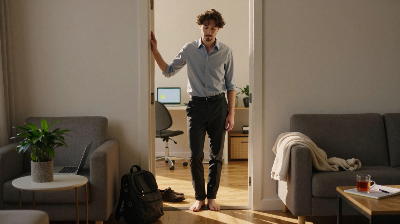 Homem descalço de fato cinzento entra numa sala iluminada com decoração simples e moderna.