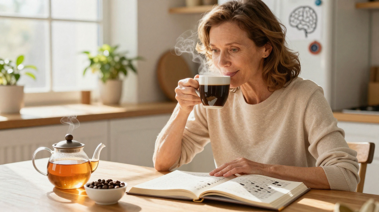 Mulher a beber chá quente enquanto olha para um livro aberto numa cozinha iluminada pela luz natural.