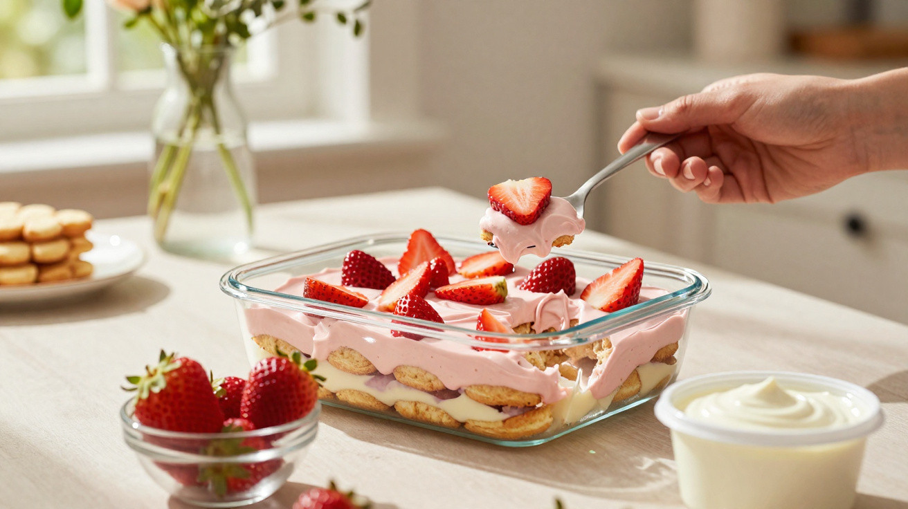 Creme de morango com bolachas servidos numa taça de vidro, coberto com morangos frescos.