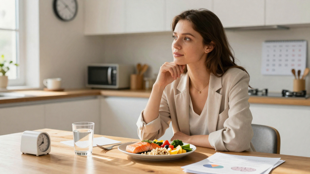 Mulher sentada na cozinha a olhar pela janela com um prato de comida saudável à sua frente.