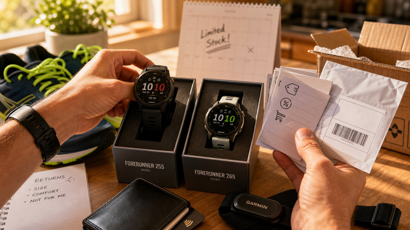 Duas smartwatches Garmin em caixas com manuais, pacotes, e blocos de notas sobre uma mesa iluminada.
