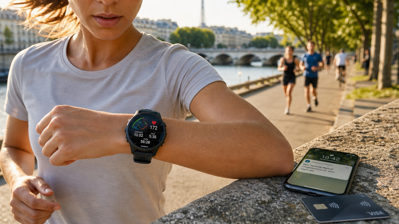 Mulher a correr junto a rio com smartwatch e cartão VISA numa superfície em primeiro plano.