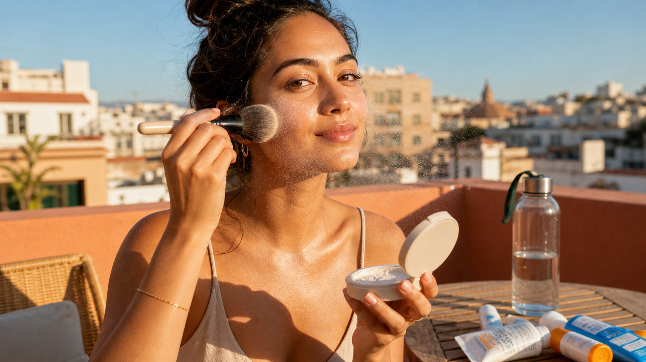 Mulher aplica pó facial com pincel ao ar livre, num terraço com vista urbana ao entardecer.