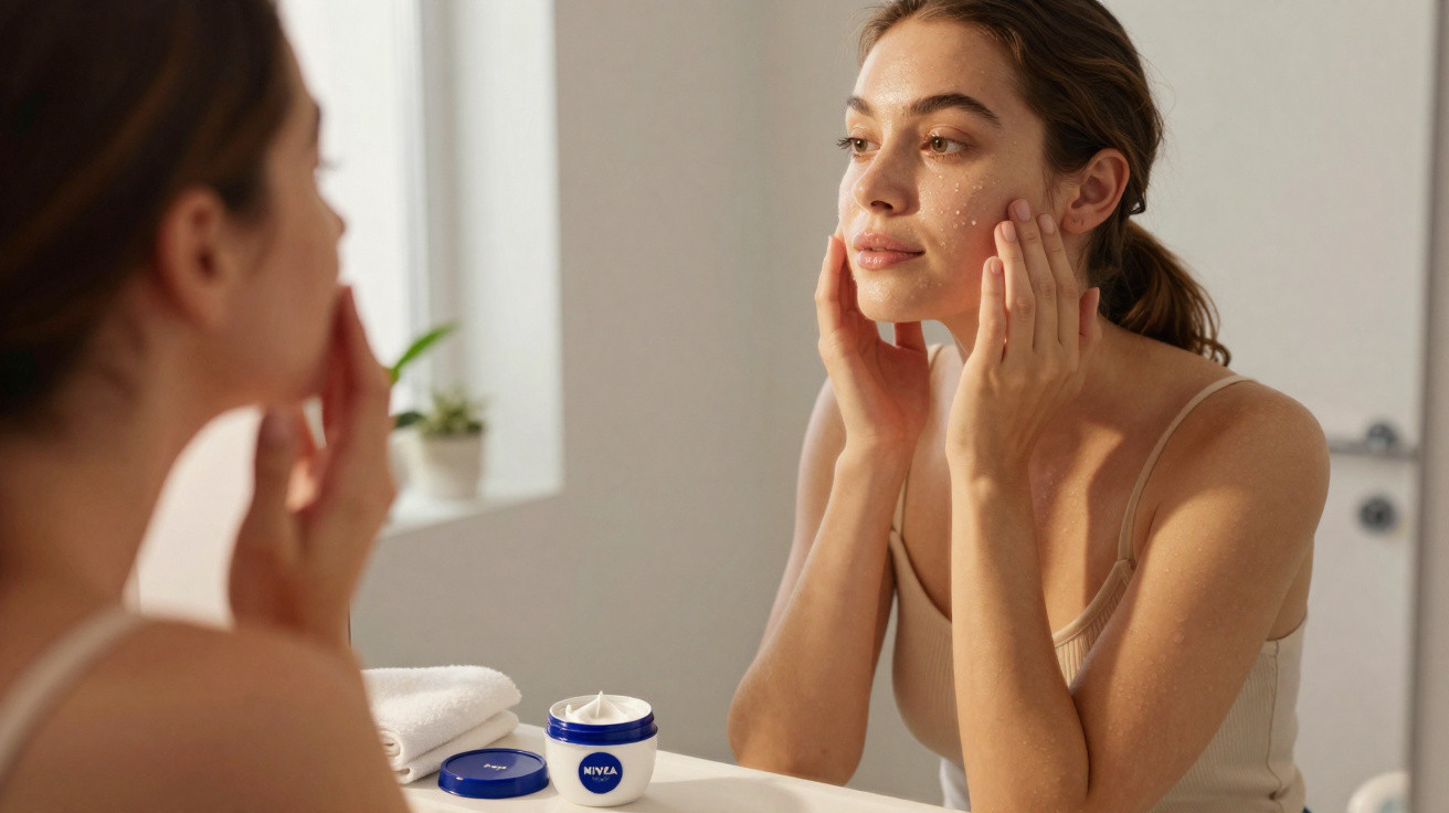 Mulher a aplicar creme Nivea no rosto à frente de um espelho num ambiente de casa de banho.