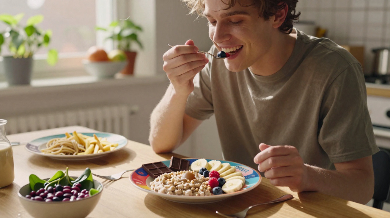 Jovem a sorrir enquanto come pequeno-almoço saudável com frutas, cereais e chocolate numa cozinha iluminada.