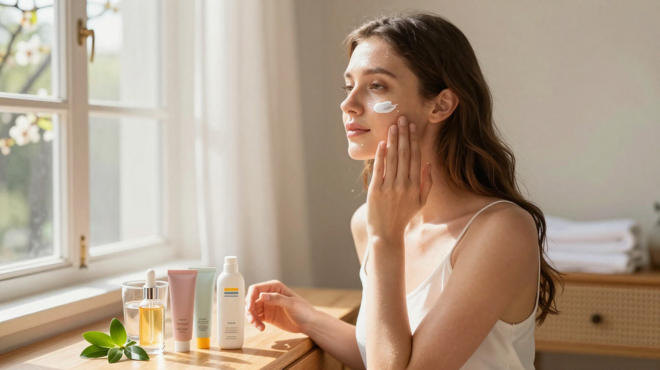 Mulher aplica creme no rosto sentada junto a uma janela com produtos de beleza numa mesa de madeira.