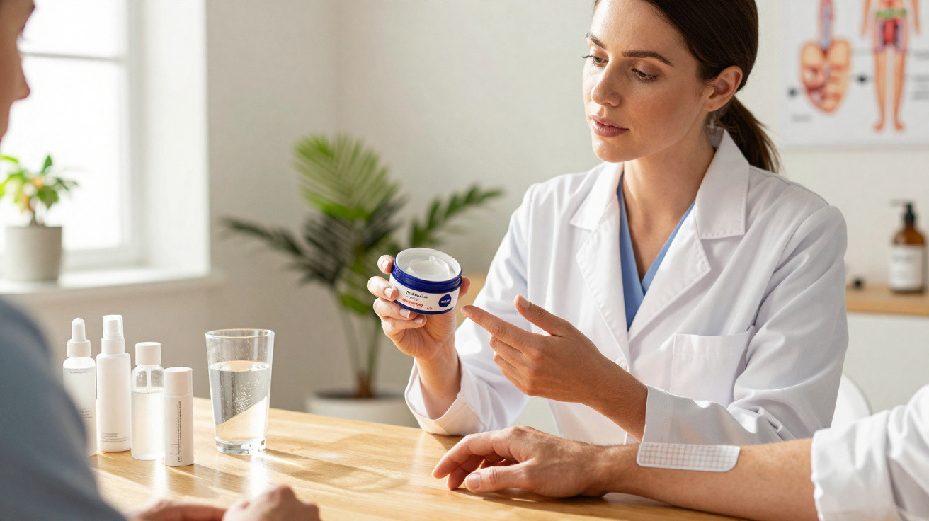 Médica dermatologista mostra creme a paciente com penso adesivo no braço numa consulta.