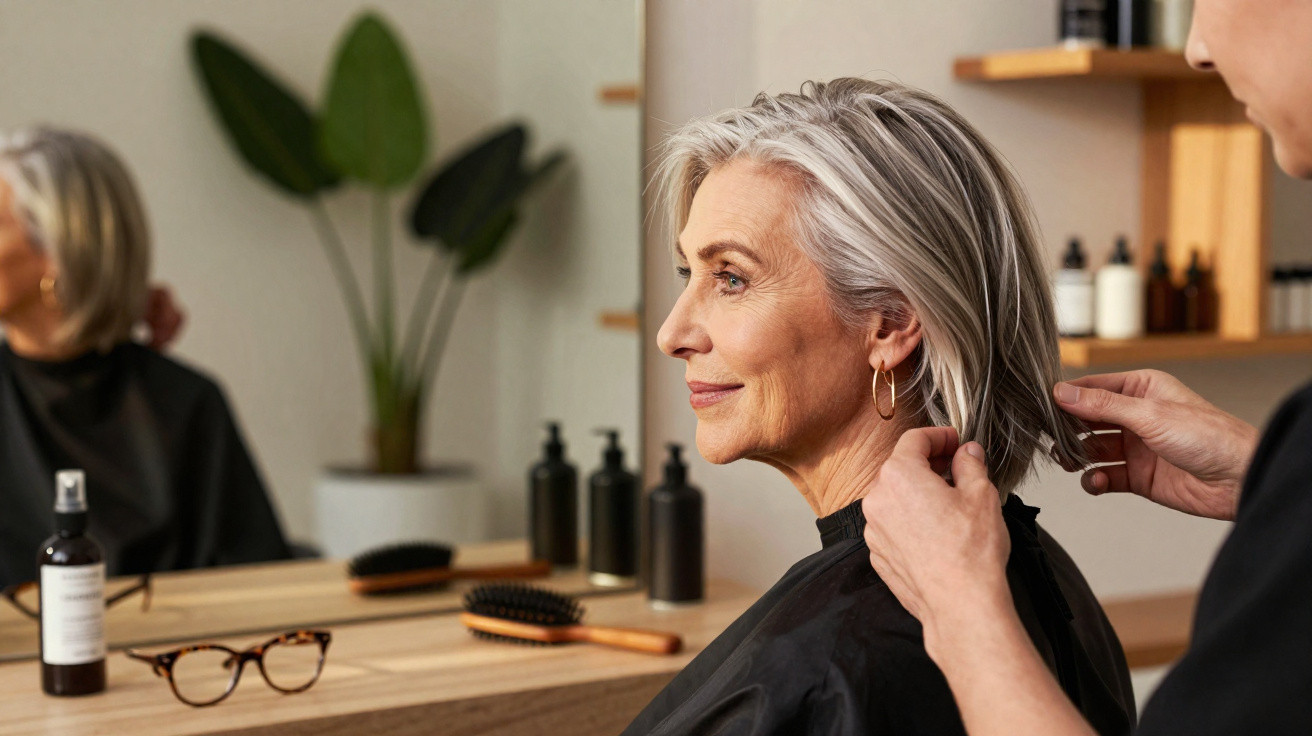 Senhora com cabelo grisalho sentada no cabeleireiro a ser penteada por profissional.