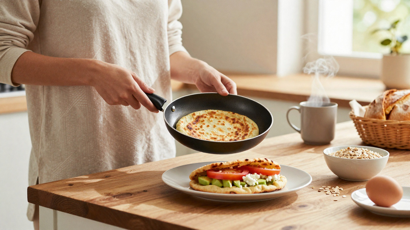 Pessoa a colocar uma panqueca quente numa sandes aberta com legumes numa cozinha iluminada.