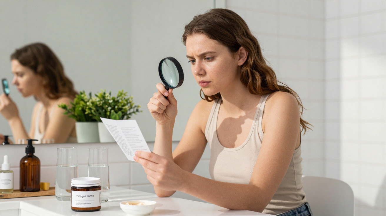 Mulher sentada a ler informações com lupa, à frente de produtos de cuidado da pele num ambiente luminoso.