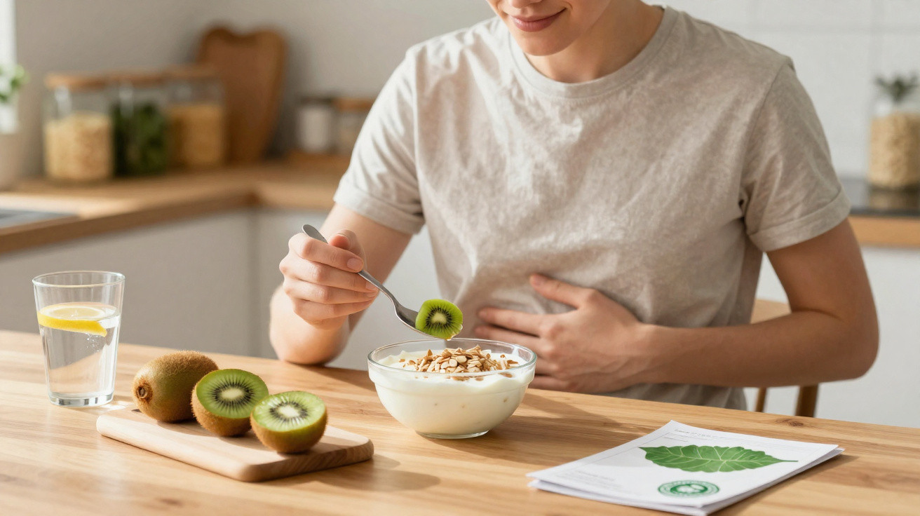 Pessoa a comer iogurte com kiwi e granola numa cozinha, com copo de água e limão na mesa.