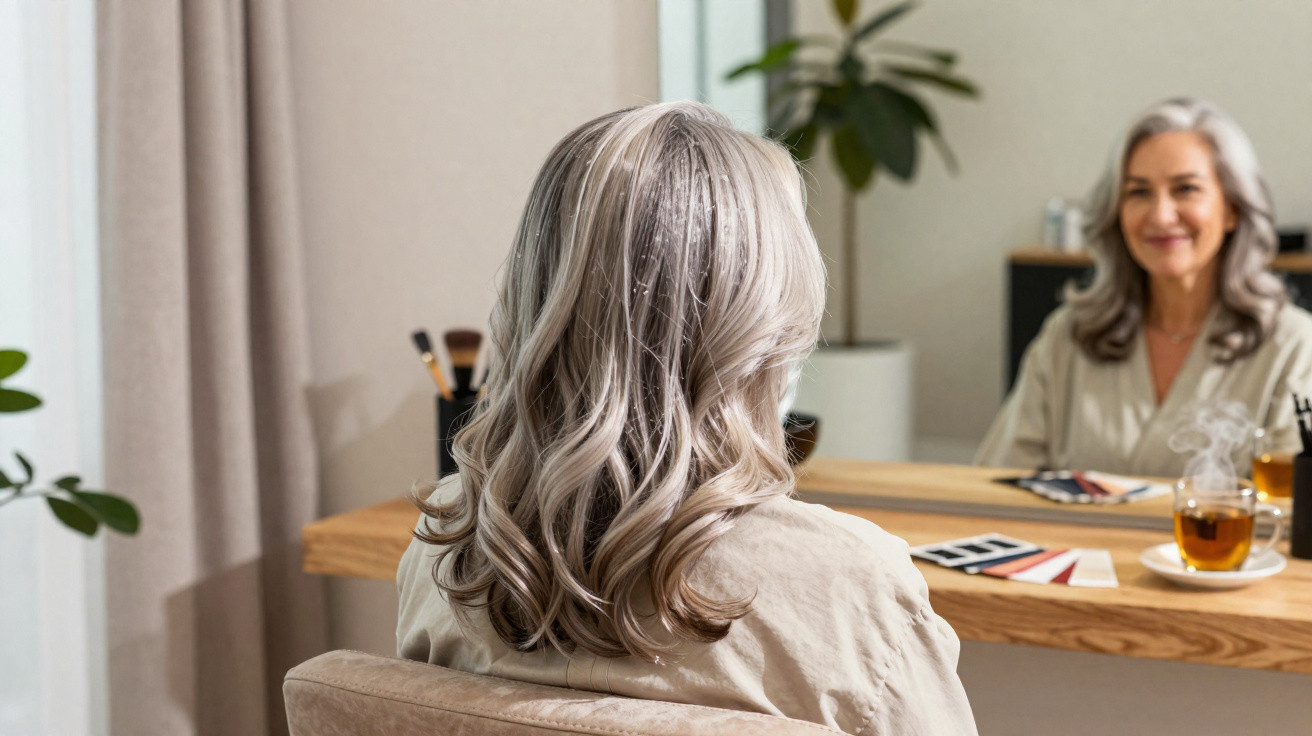 Mulher idosa com cabelo grisalho e ondulado sentada em frente a um espelho num quarto iluminado.