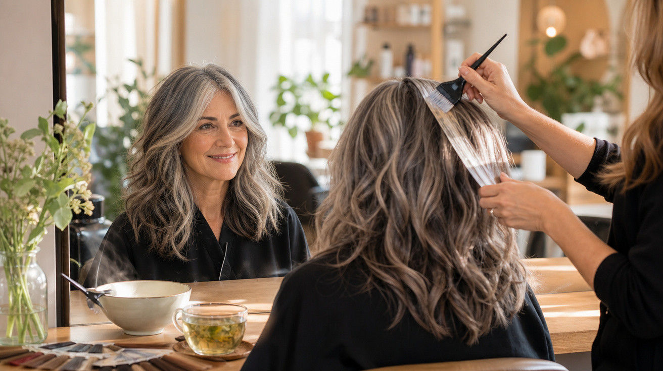Mulher a receber coloração de cabelo num salão, sorrindo ao espelho enquanto a cabeleireira aplica o produto.