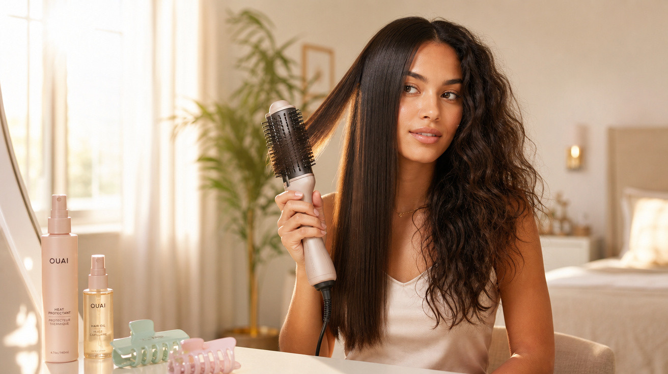 Mulher a alisar e pentear cabelo encaracolado com escova térmica, em ambiente luminoso e confortável.