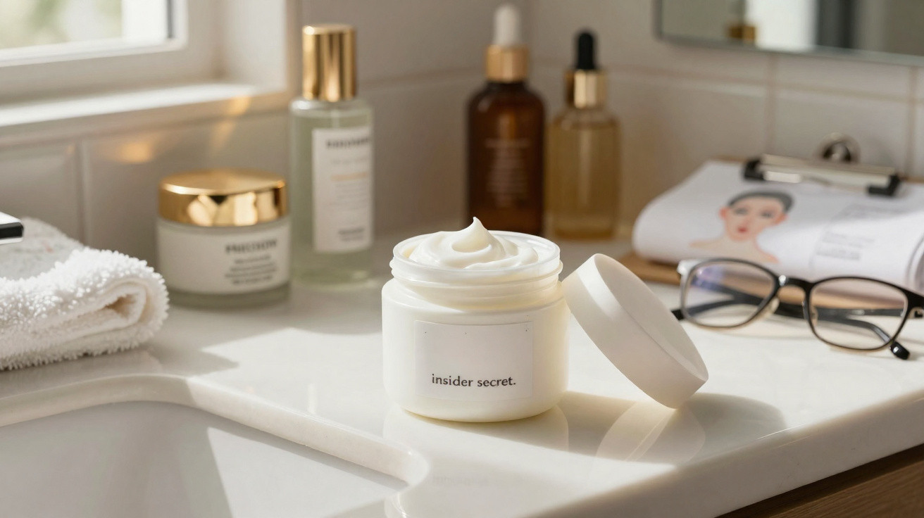 Frasco aberto de creme "insider secret" sobre bancada de casa de banho com outros produtos e óculos.