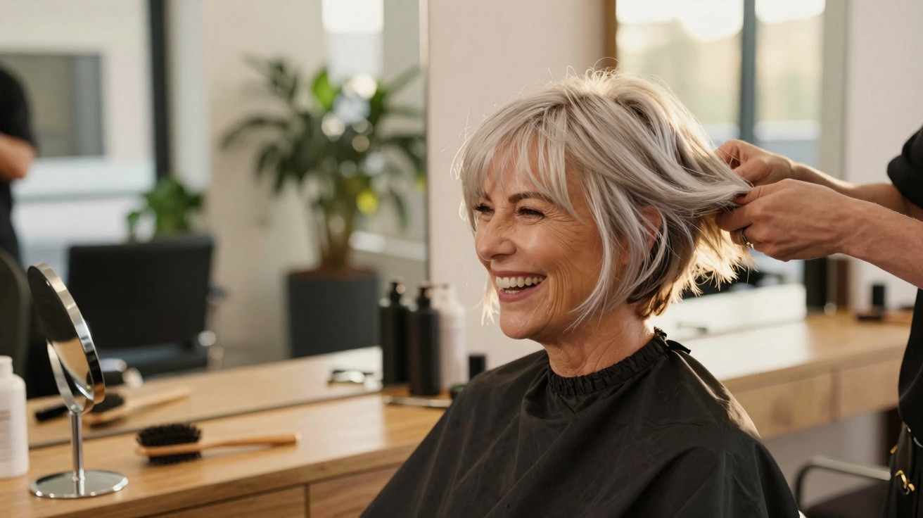 Mulher sorridente com cabelo grisalho curto a ser penteado num cabeleireiro moderno e luminoso.
