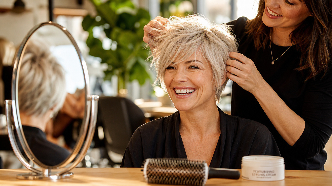Mulher sorridente com cabelo curto loiro a ser penteada num salão de beleza, espelho e produtos à frente.