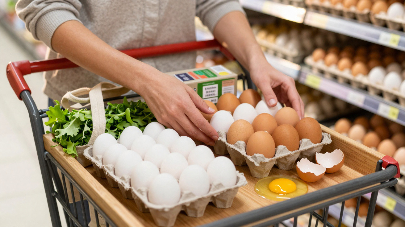 Pessoa a apanhar ovos brancos e castanhos num carrinho de supermercado com legumes e ovos partidos.