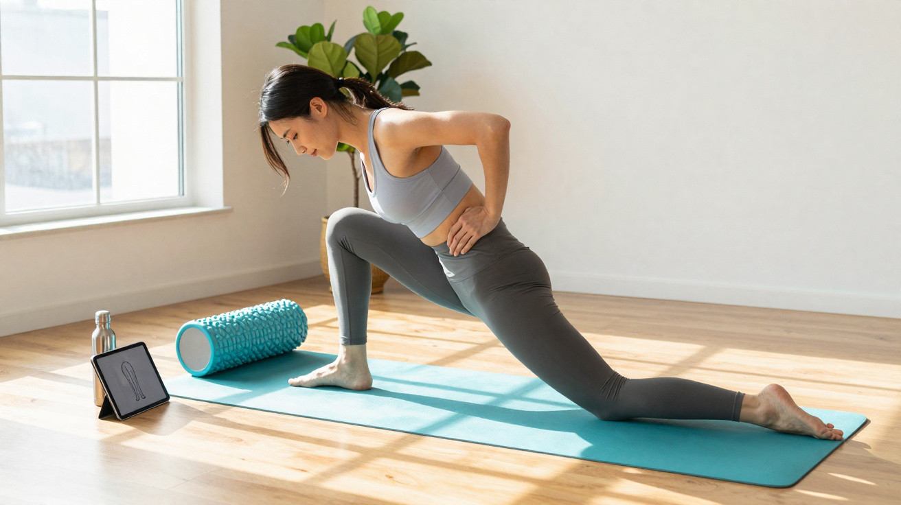 Mulher a alongar a perna num tapete de yoga, a seguir instruções num tablet numa sala iluminada.