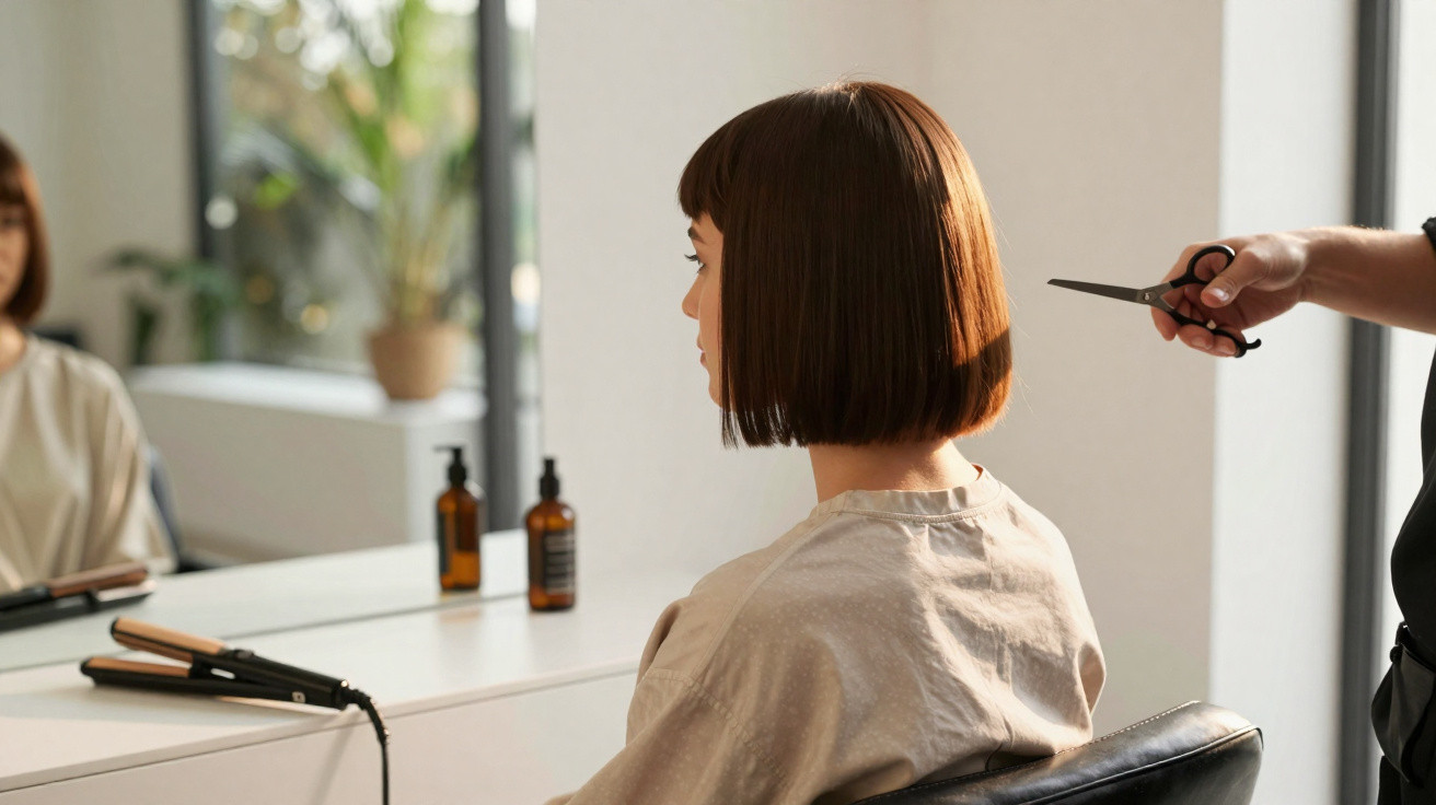 Mulher sentada em cadeira de cabeleireiro, pronta para corte de cabelo com tesoura na mão do profissional.