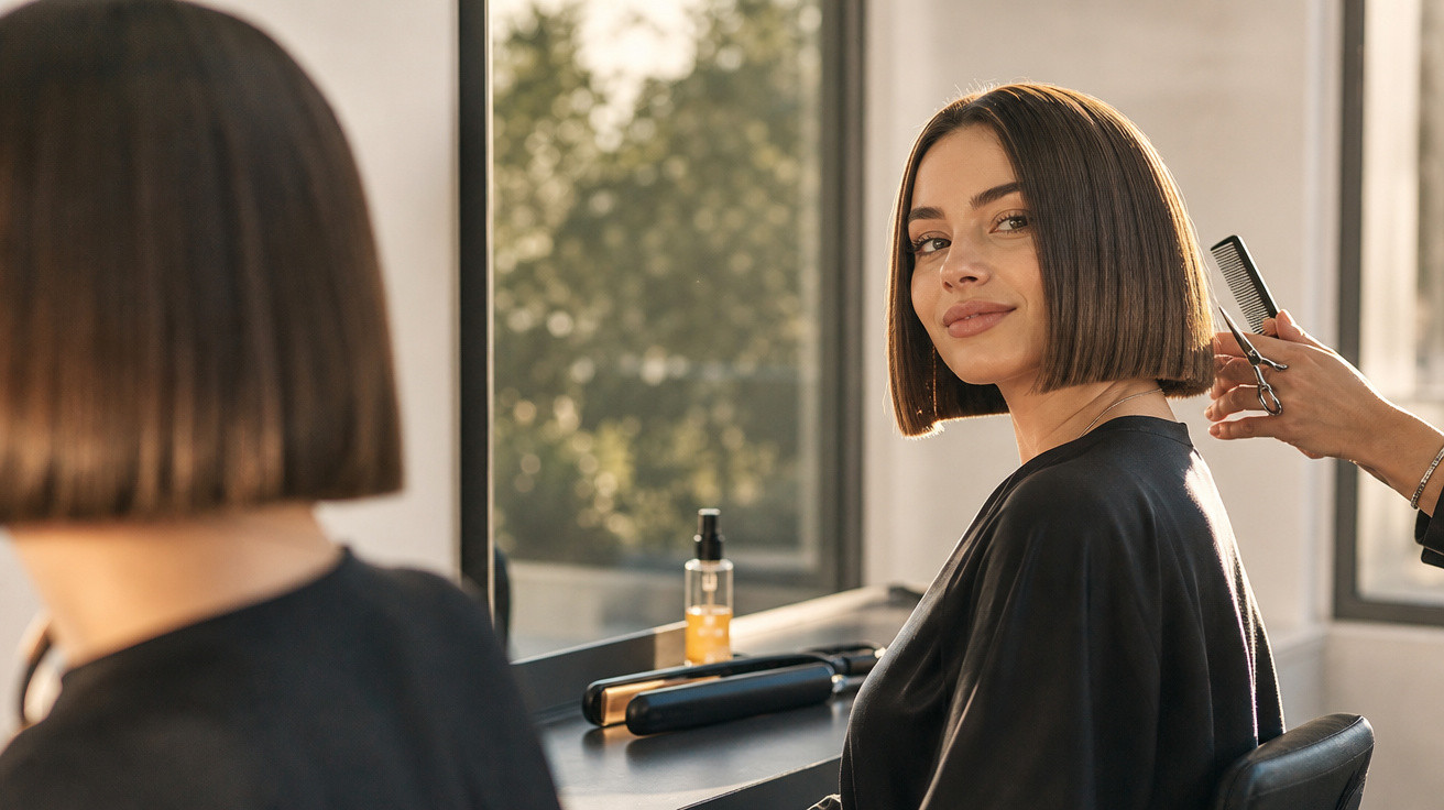 Mulher com cabelo curto e liso sentada num cabeleireiro a ser penteada, olhando para a câmara.