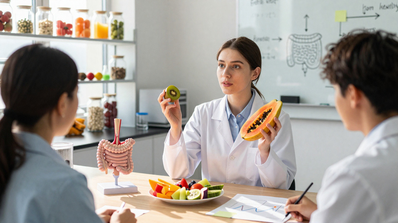 Nutricionista explicando benefícios de frutas com modelo do sistema digestivo em reunião profissional.