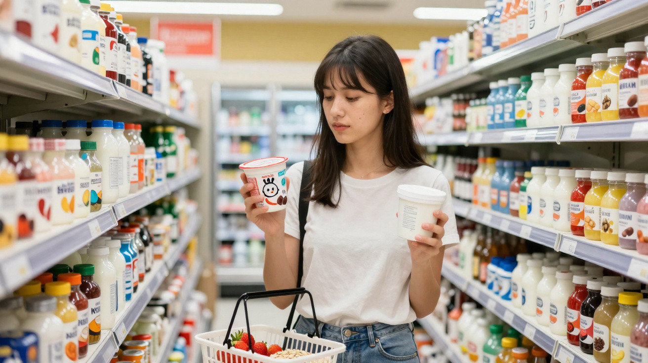 Mulher jovem escolhe produtos lácteos num supermercado, segurando dois recipientes enquanto segura um cesto de compras.