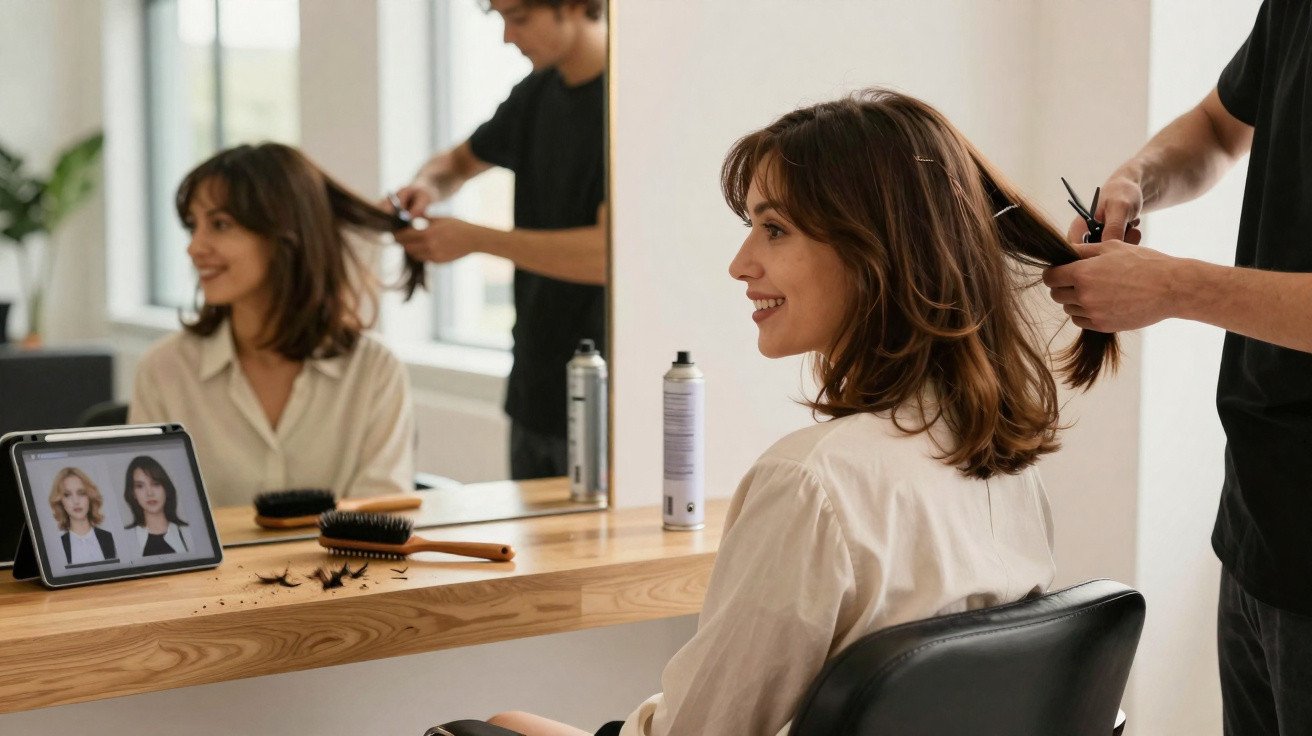 Mulher sorridente a cortar o cabelo num salão moderno com espelho e tablet a mostrar estilos.