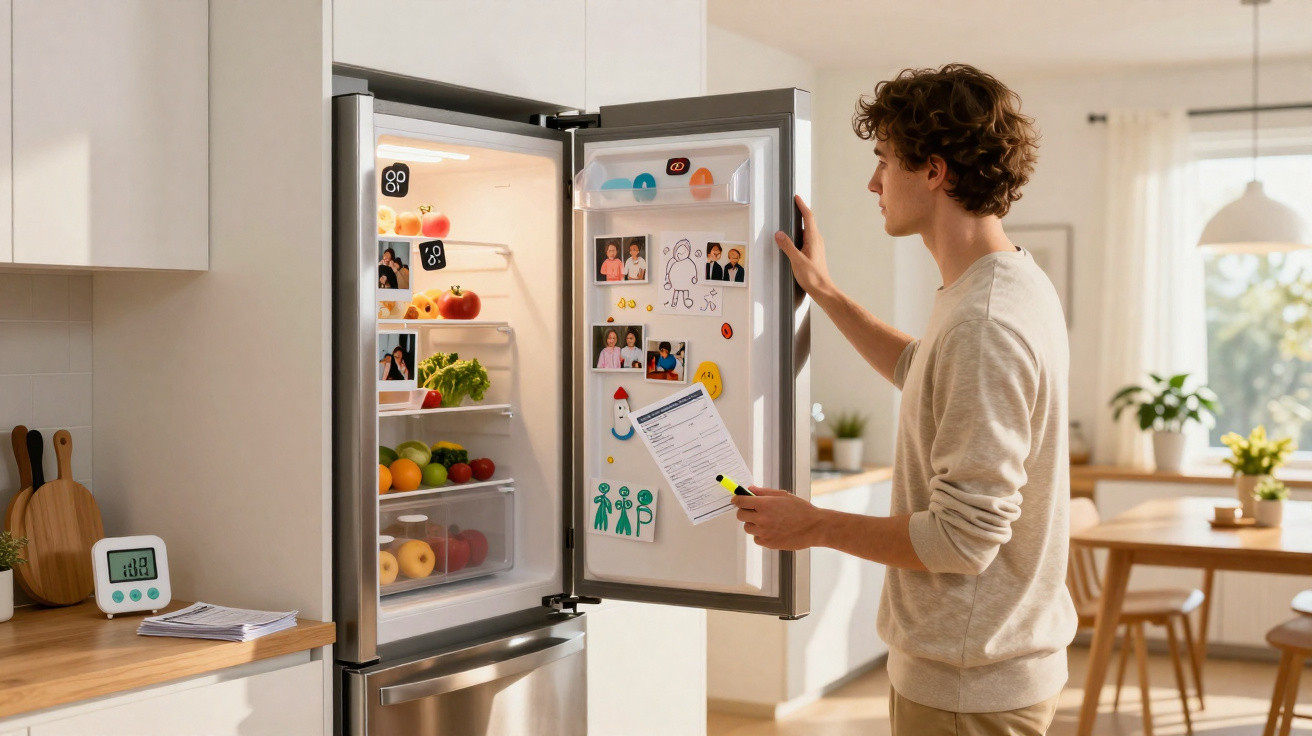 Jovem a abrir o frigorífico para verificar lista de compras, rodeado por cozinha moderna e luminosa.