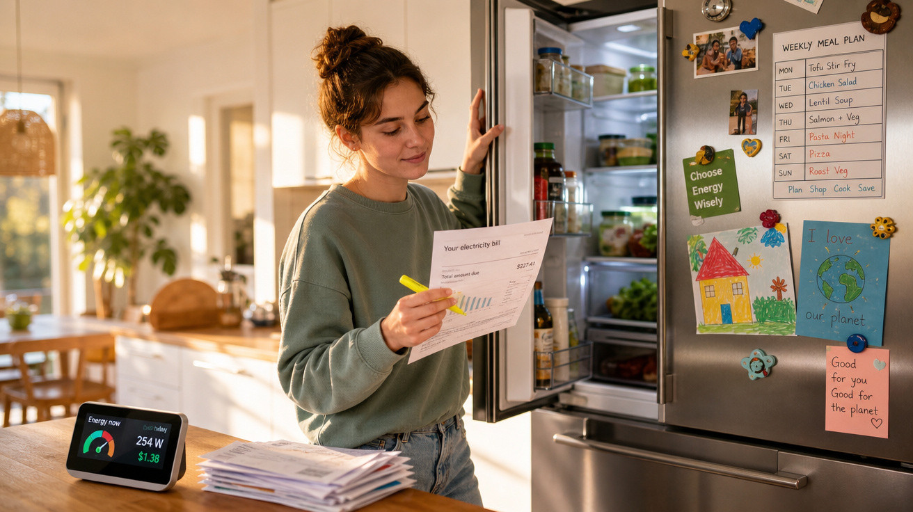 Mulher verifica fatura de eletricidade na cozinha junto ao frigorífico aberto com plano semanal de refeições na porta.