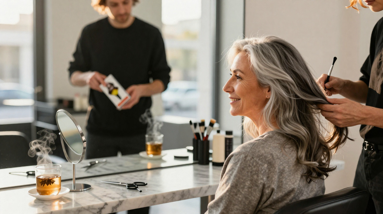 Mulher de cabelo grisalho sentada no salão de beleza a ser penteada, com chá quente e espelho à frente.