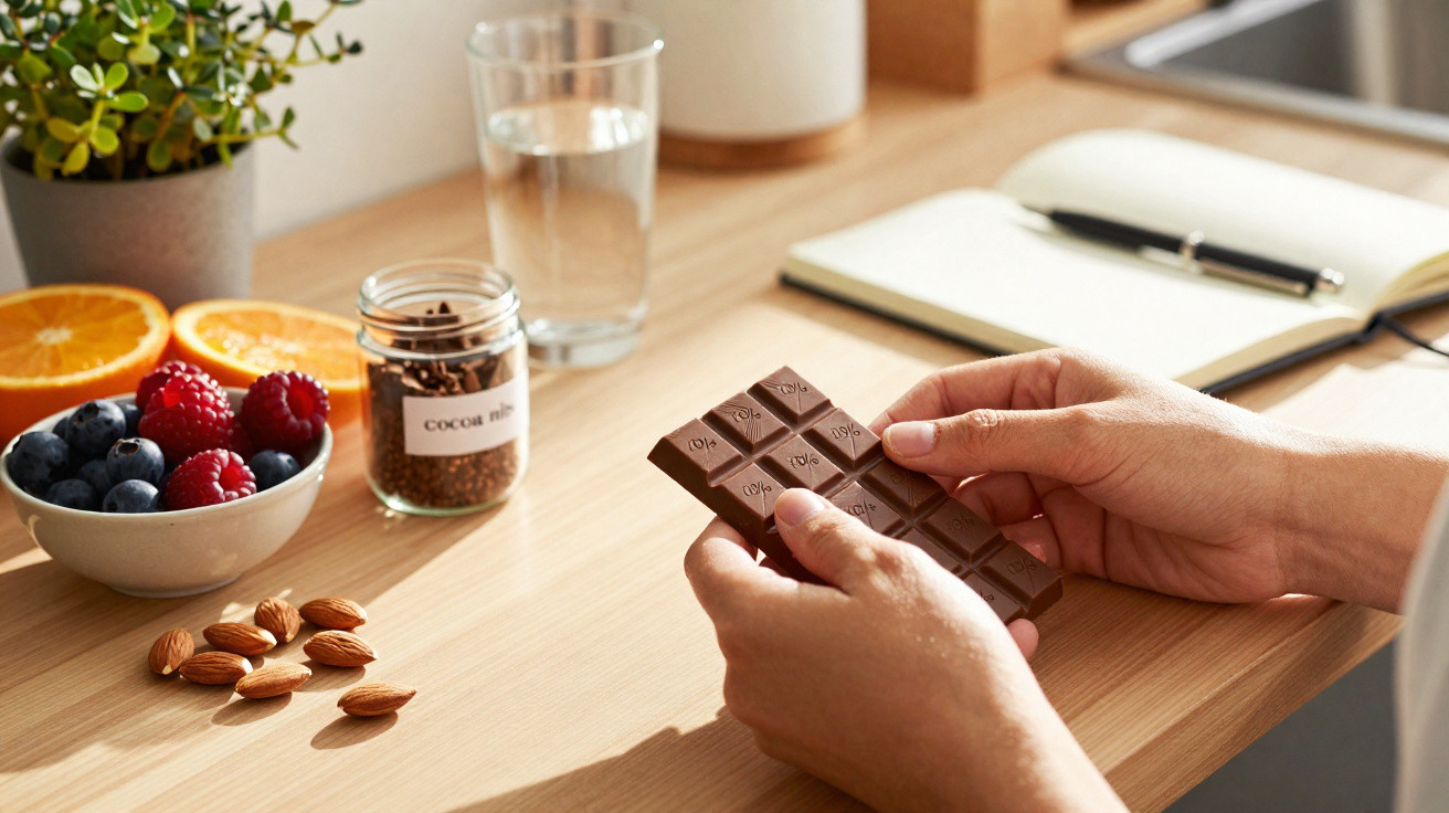 Pessoa segurando barra de chocolate junto a frutos secos, frutas, água e caderno sobre mesa de madeira.