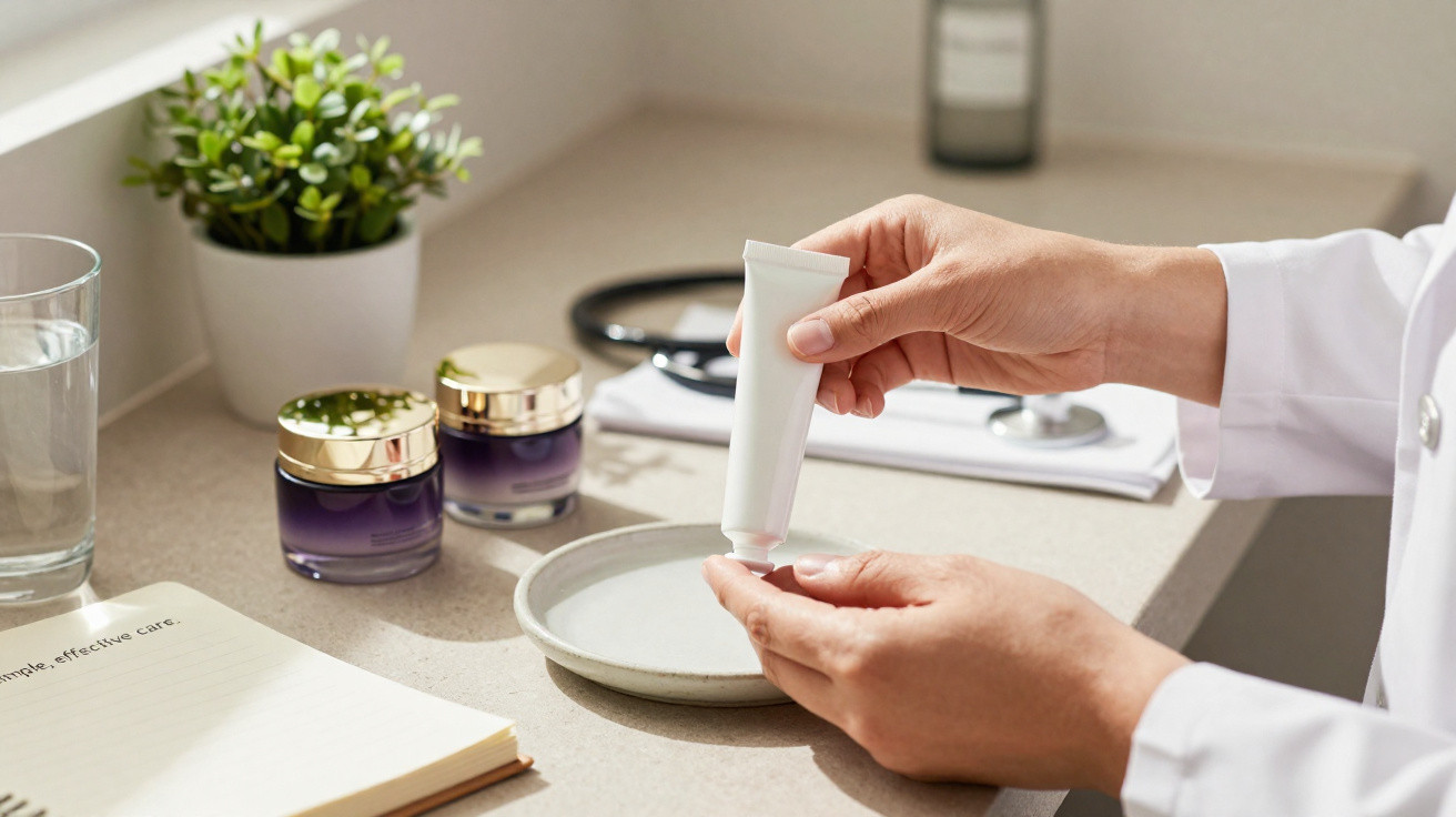 Mãos femininas a aplicar creme num consultório com plantas, cremes, estetoscópio e bloco de notas.