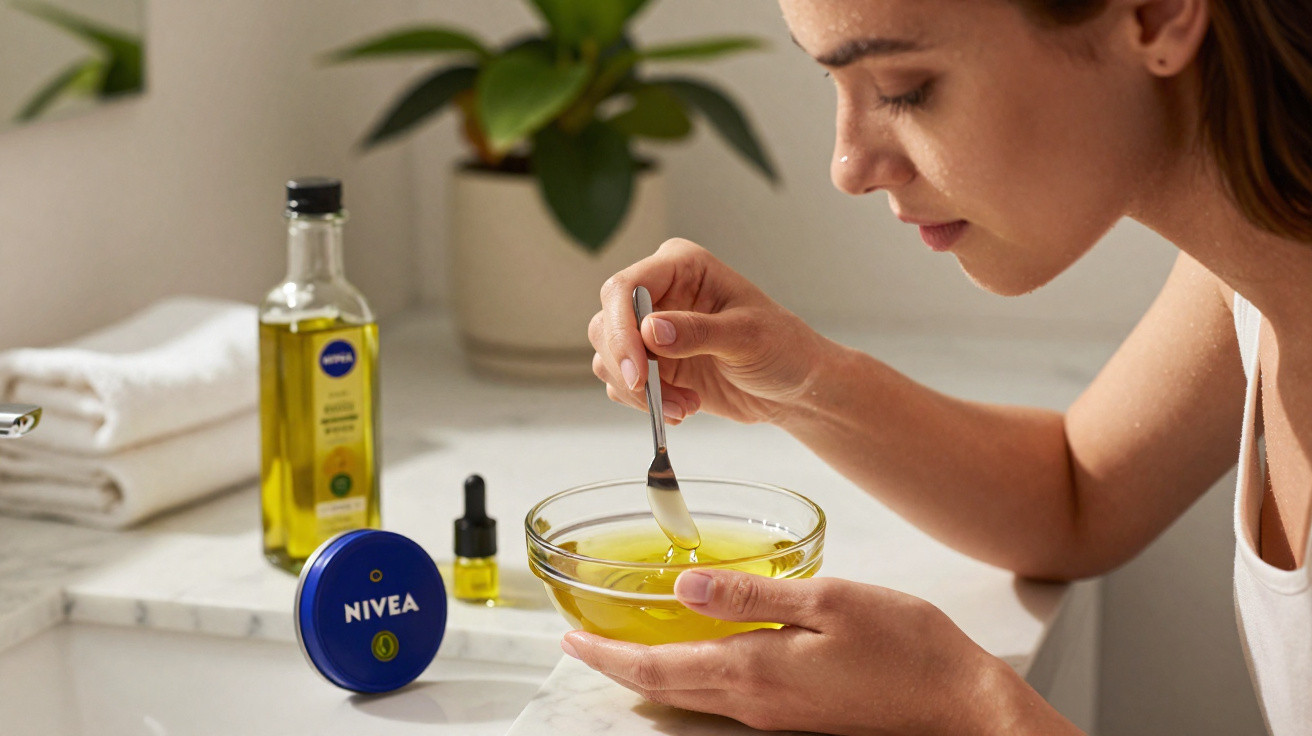 Mulher a preparar mistura caseira de óleo e creme num recipiente transparente na casa de banho.