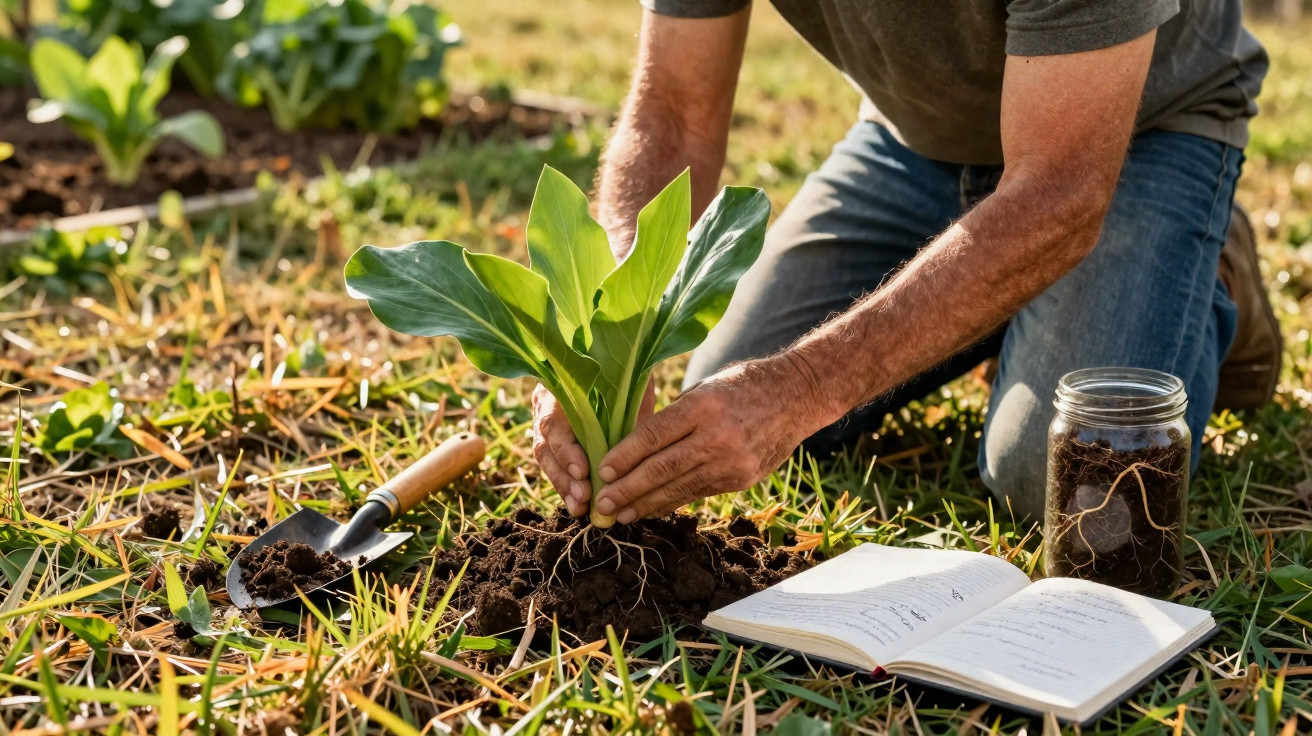 Pessoa a plantar muda em solo arado com caderno aberto e frasco com terra ao lado no campo.