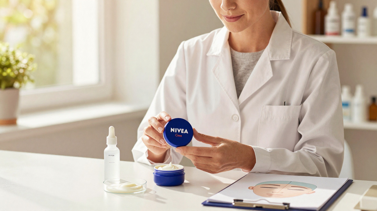 Profissional de saúde em bata branca segurando creme Nivea azul sobre mesa com produtos de cuidado facial.