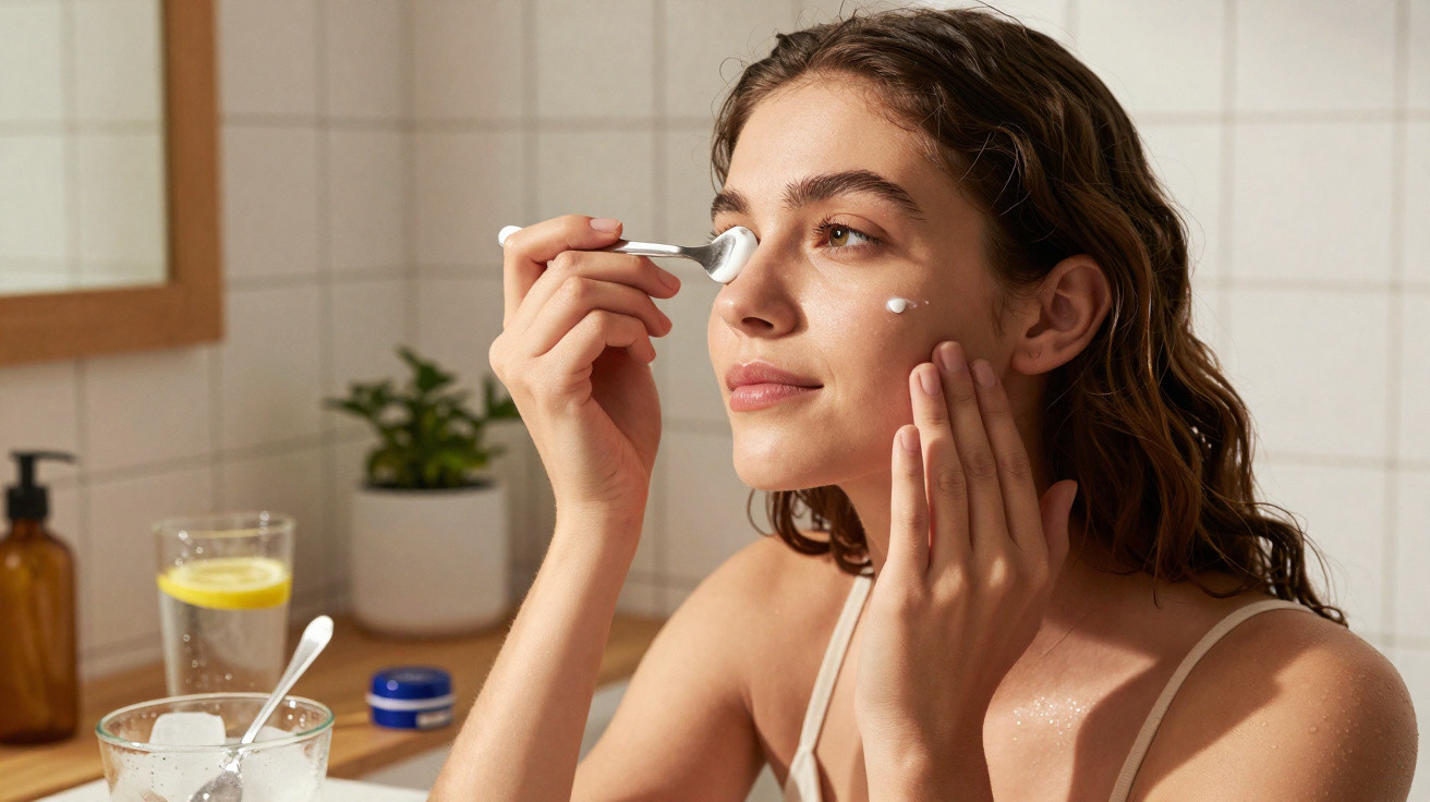 Mulher a aplicar creme no rosto com espátula num ambiente de casa de banho iluminado.